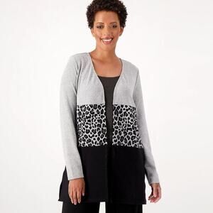 Belle by Kim Gravel Women LP Gray Animal Print Brushed Knit Open Duster Cardigan